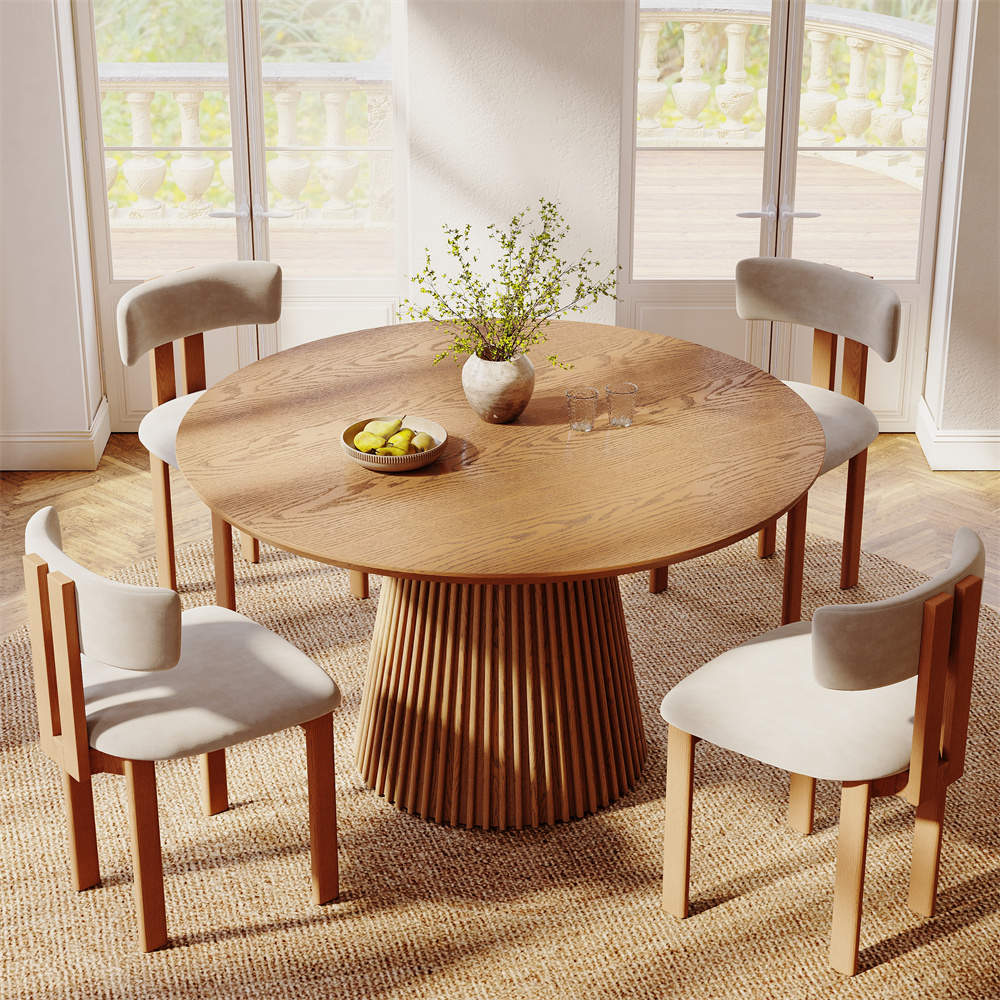 Mid-Century Modern 47" Round Walnut Wood Dining Table Set For 4