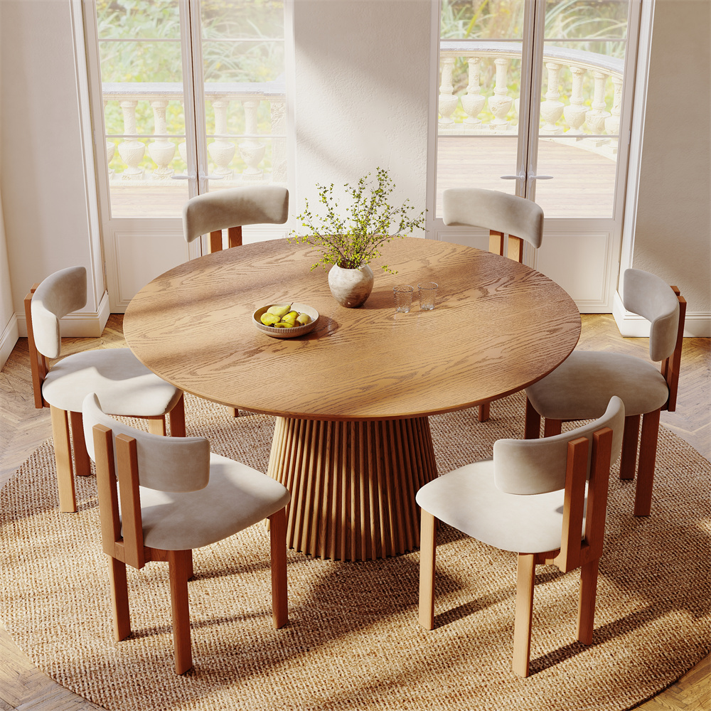Mid-Century Modern 59" Round Walnut Wood Dining Table Set For 6