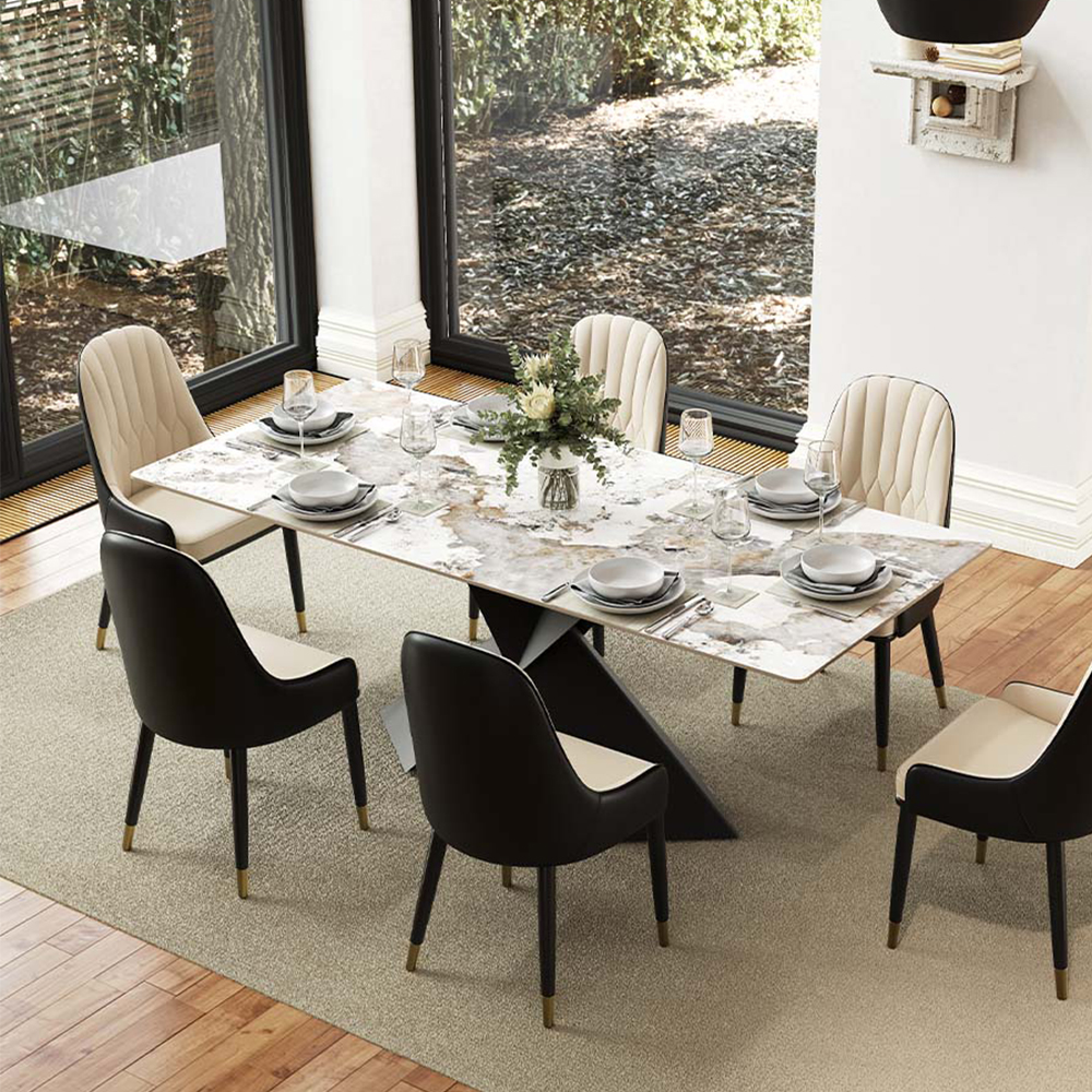 7-Pieces Modern Dining Table Set for 6, 71" Pandora Glossy Dining Room Table Set...