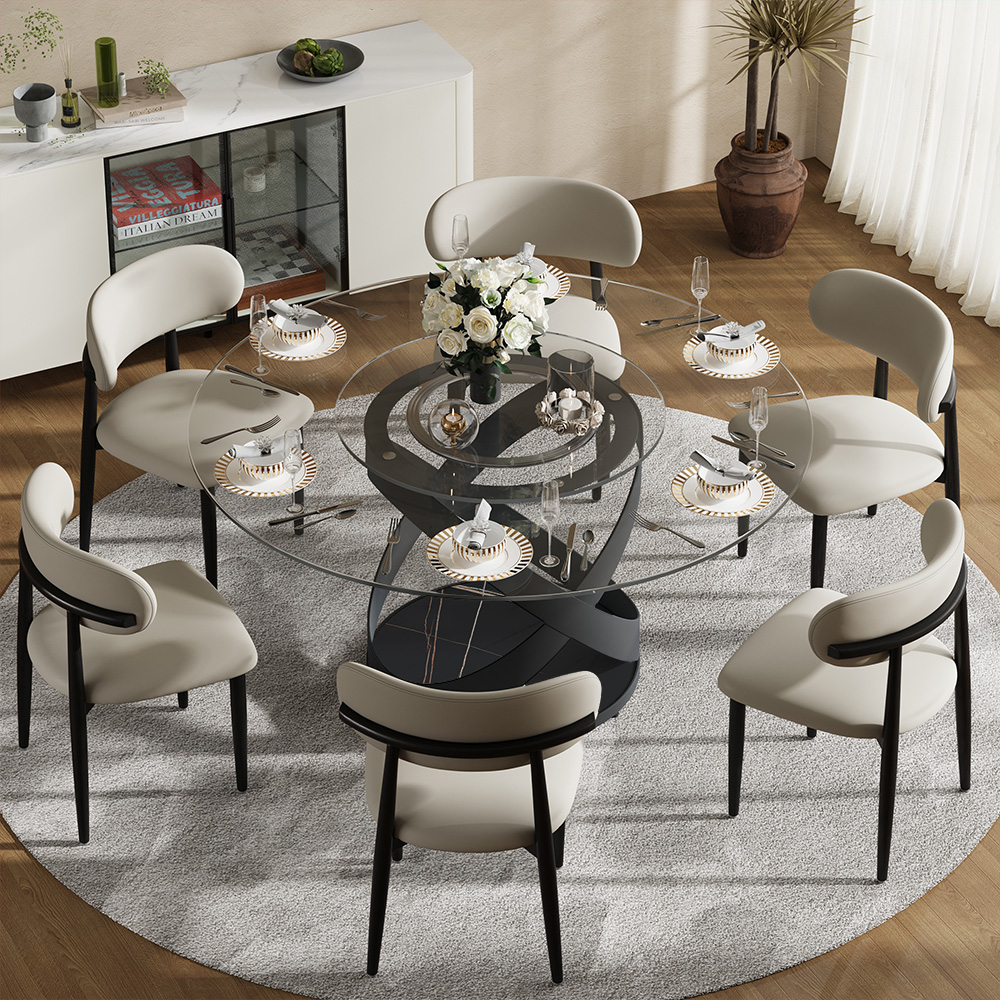 59" Round Tempered Glass Dining Table Set for 6, 59" Dining Table and 6 Upholste...