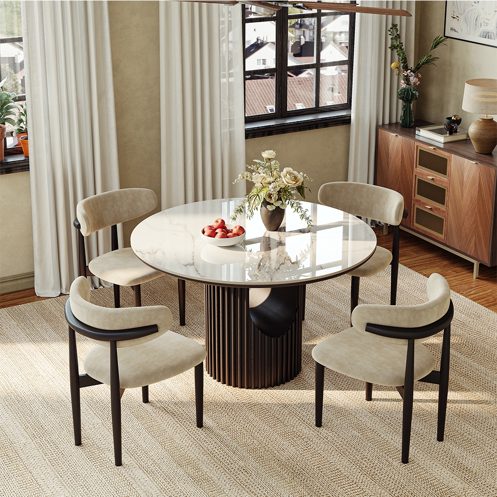 47" Mid-Century Modern Round Dining Table for 4 - Easy to Clean White Sintered Stone Dining Table