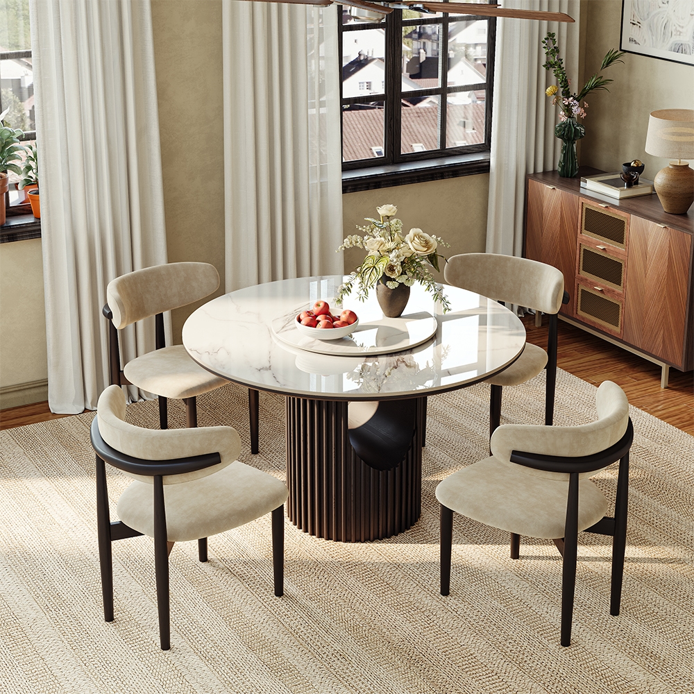 47" Mid-Century Modern 4 Seater Round Dining Table Set With Lazy Susan– Walnut Wood & Glossy White Sintered Stone, Black Fluted Tambour Base