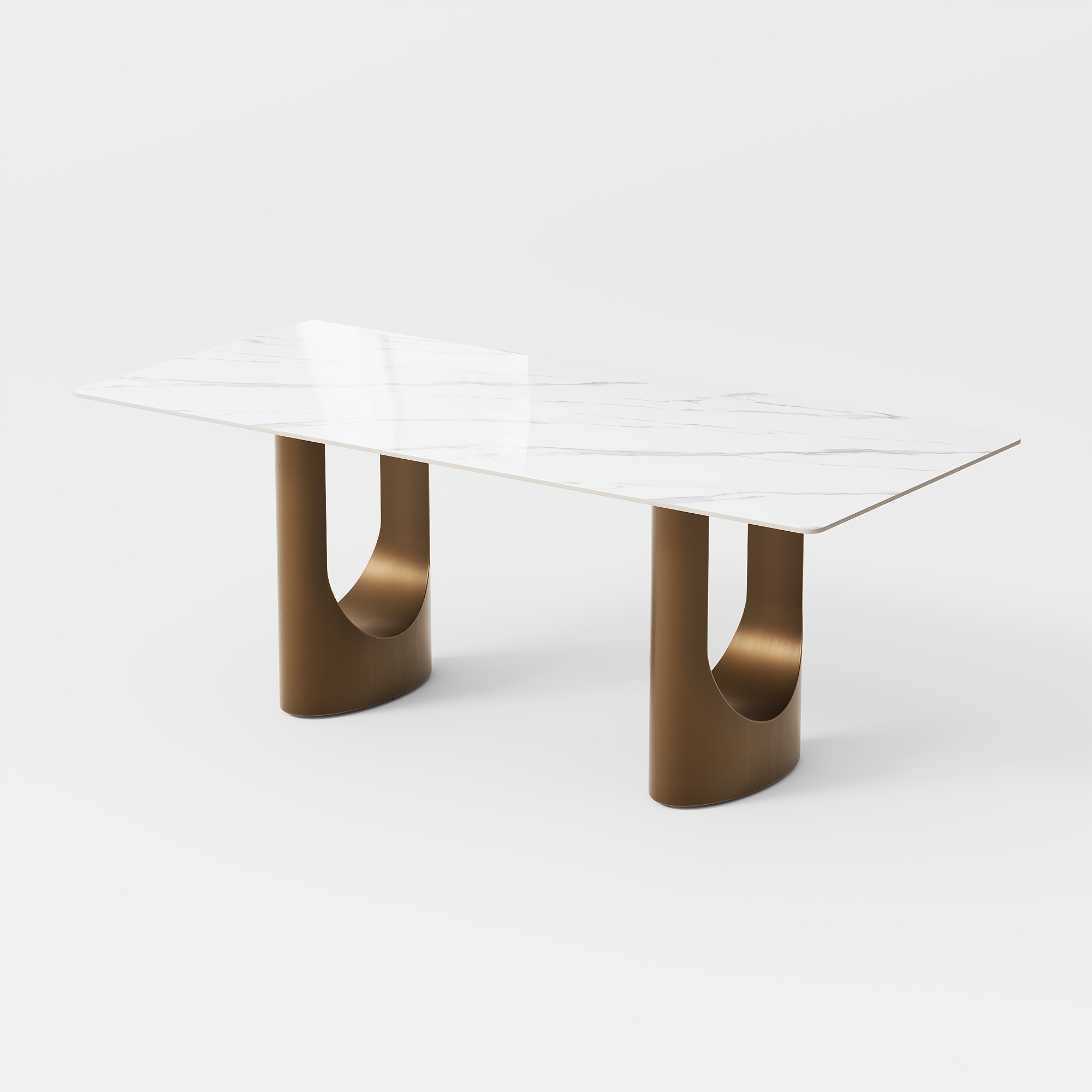 Modern Luxury Dining Table for 6-8, Glossy White(Glossy Pandora) Sintered Stone Table, Bronze Carbon Steel Double Pedestal Table