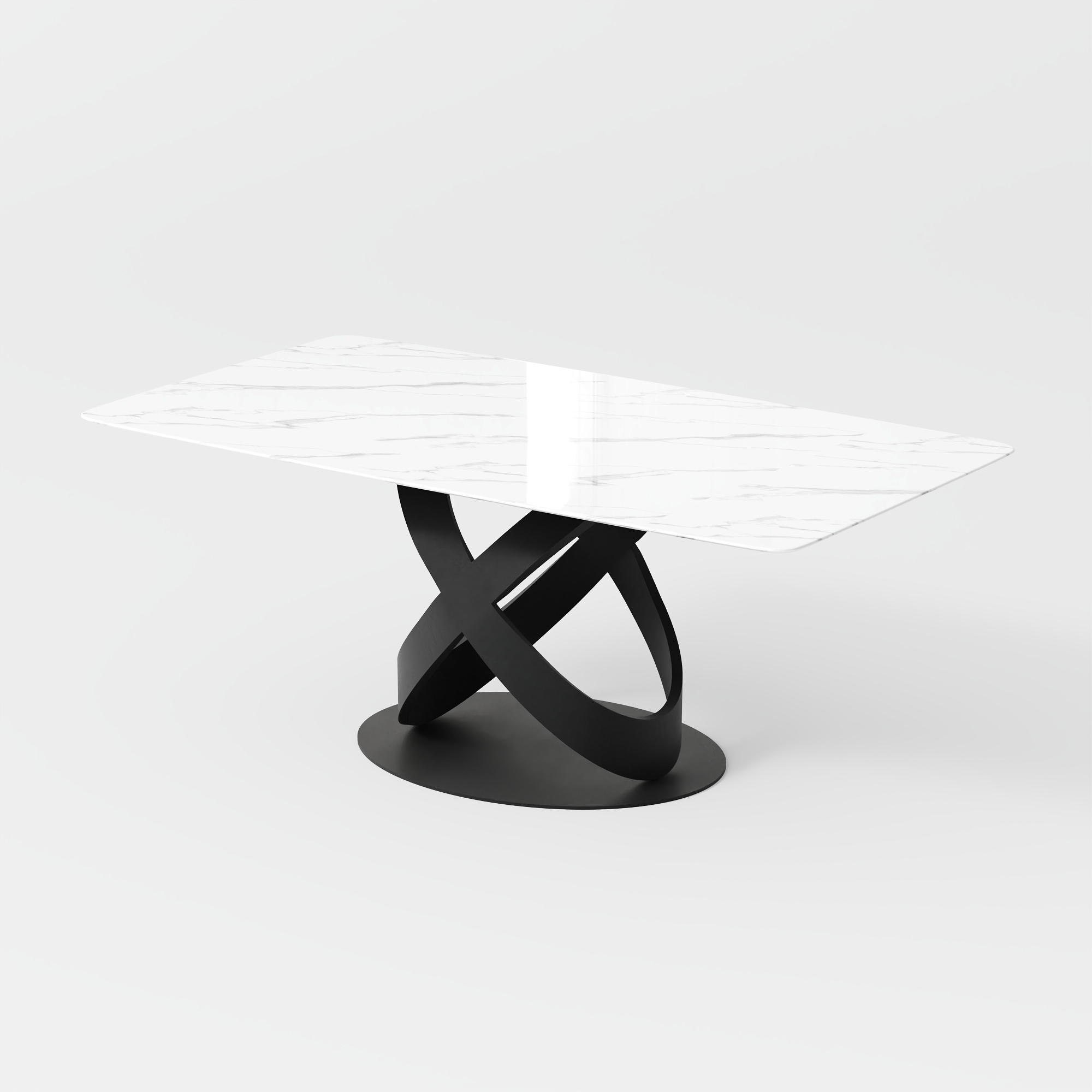 Modern White Dining Table with Rectangular Sintered Stone Top & Interwined Black Carbon Steel Base, 55"/63"/71"