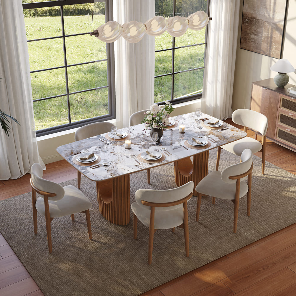 79" Mid-Century Modern Rectangular Dining Table Scratch-Resistant Pandora Glossy Sintered Stone Top & Walnut Fluted Pedestal Base