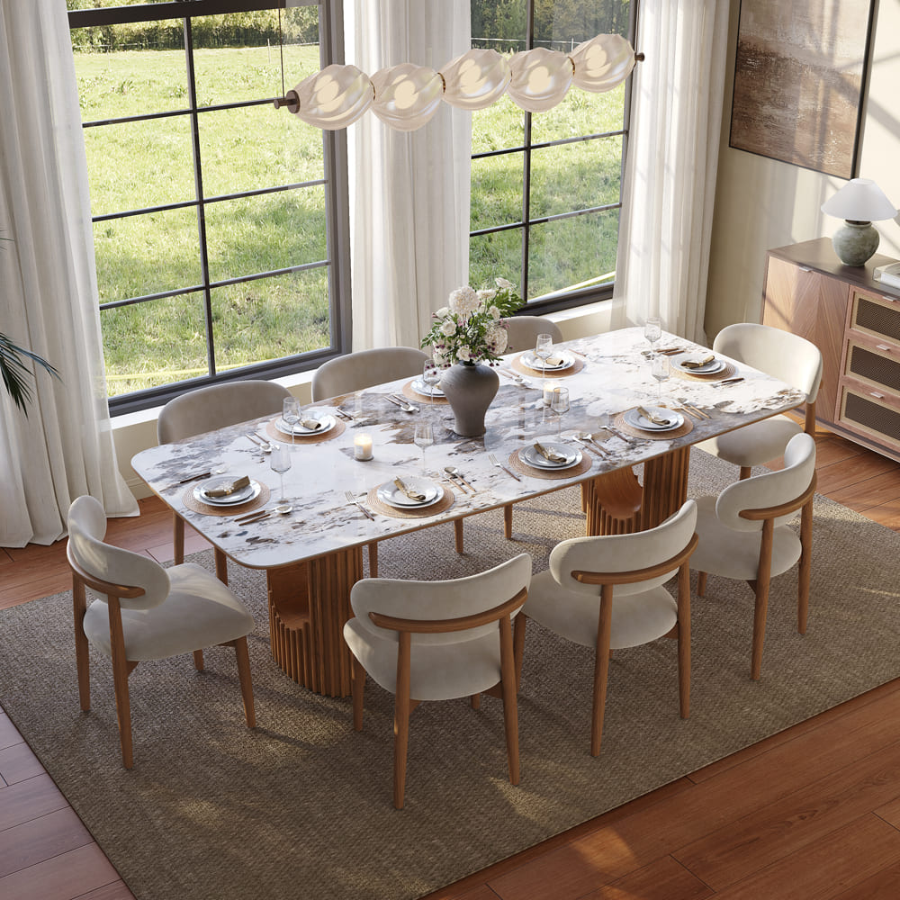 94" Mid-Century Modern Rectangular Dining Table Scratch-Resistant Pandora Glossy Sintered Stone Top & Walnut Fluted Pedestal Base