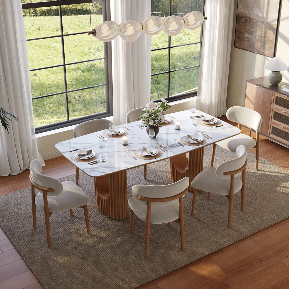 79" Mid-Century Modern Rectangular Dining Table Scratch-Resistant White Glossy Sintered Stone Top & Walnut Fluted Pedestal Base