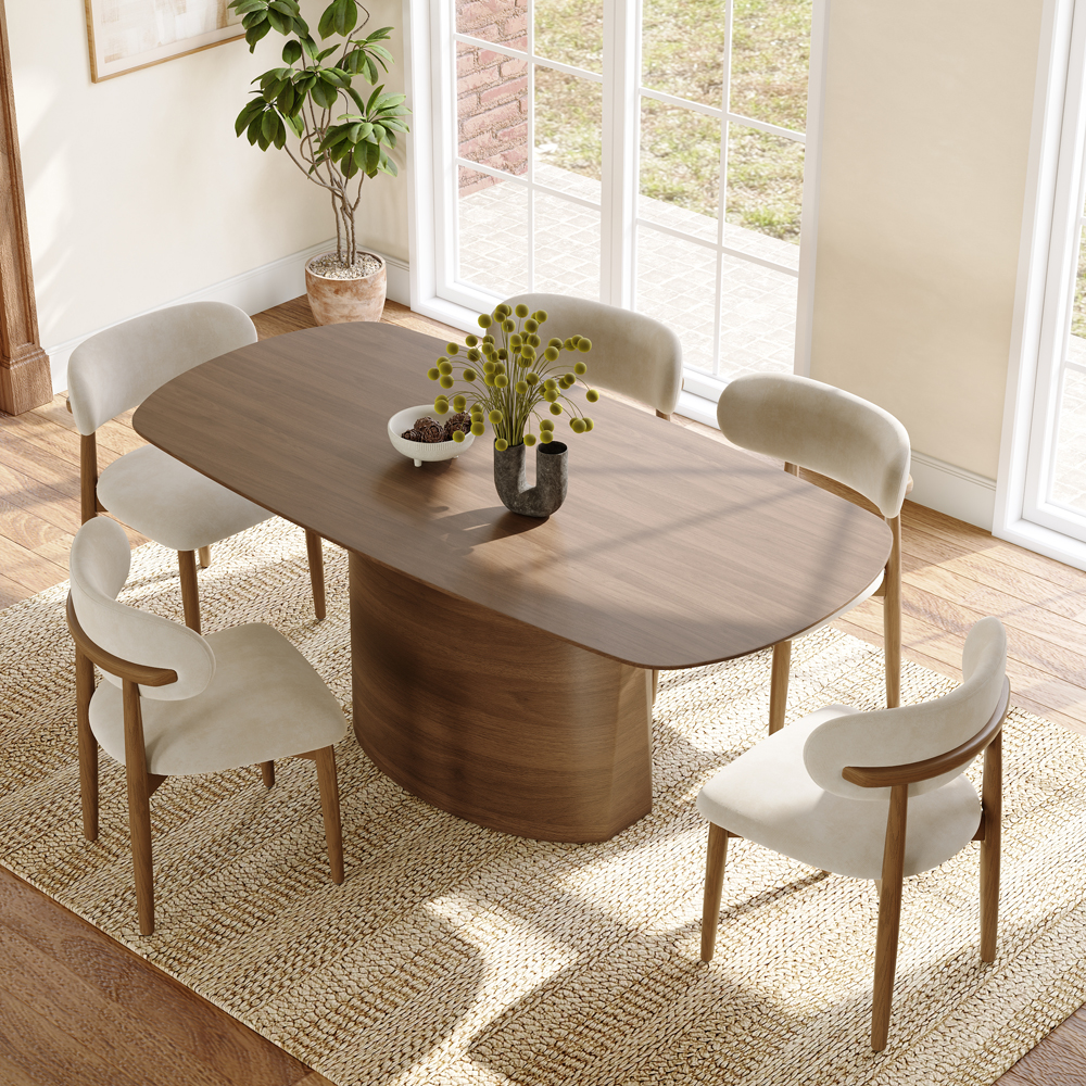 71"  Modern Organic Oval Wooden Dining Table Set, Solid Pillar Base, Walnut Finish, Seats 6-8