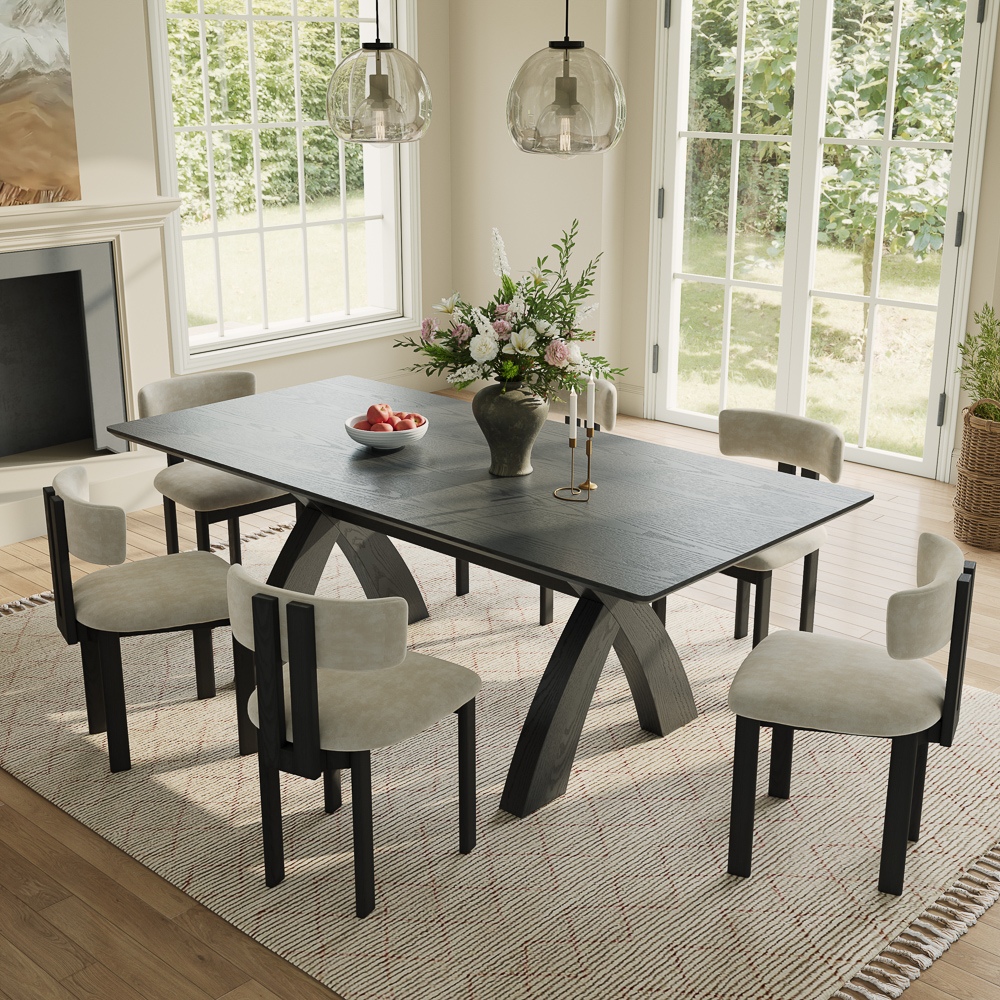 71" Mid-Century Trestle Wooden Dining Table, Bold Curved X-Base, Black Ash Finis...