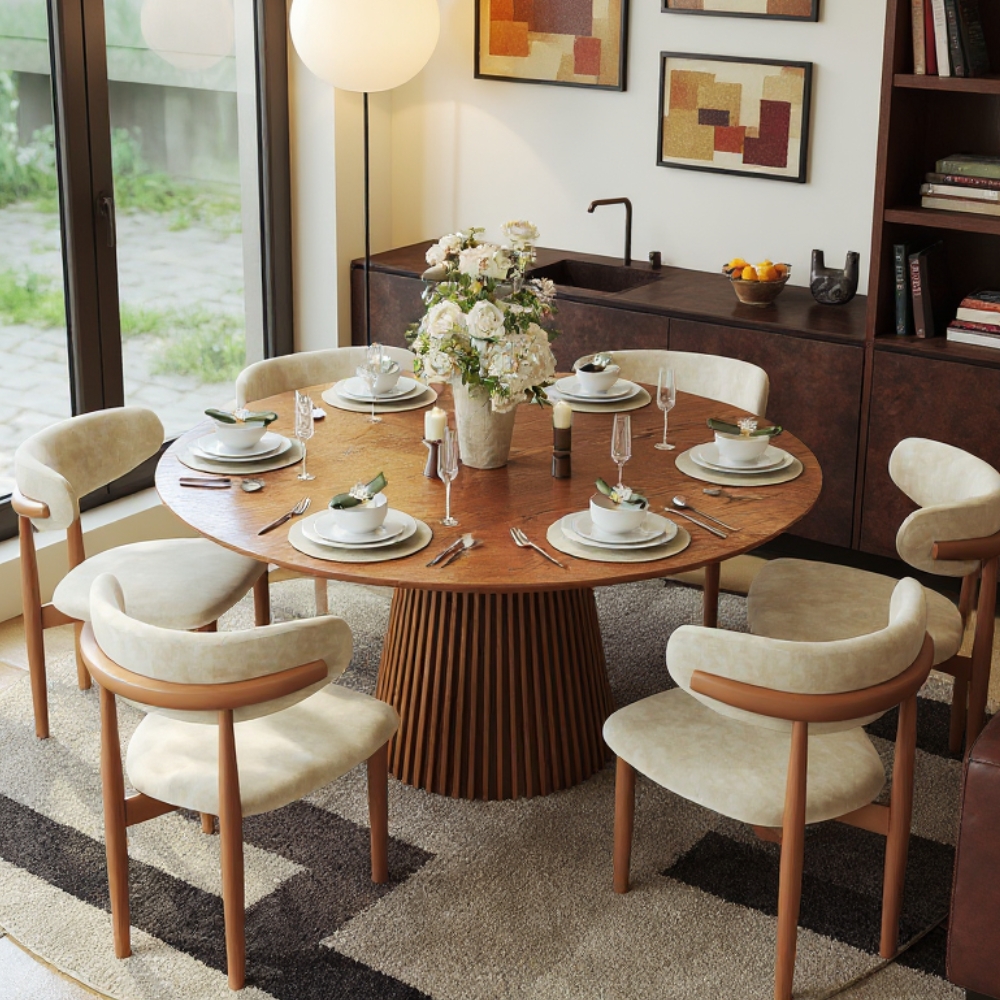 59" Mid-Century Modern Round Walnut Wood Dining Table