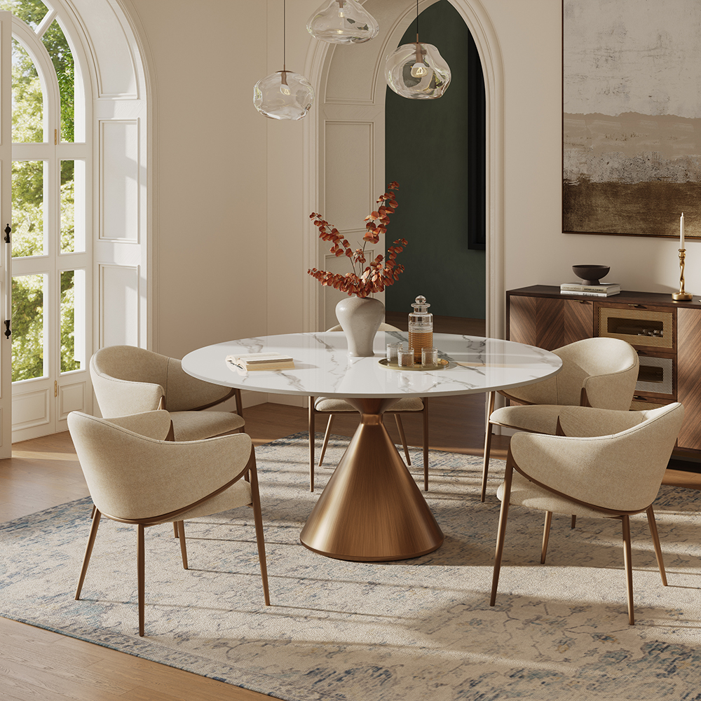 59''Glossy White Sintered Stone table Set,  brushed bronze conical base