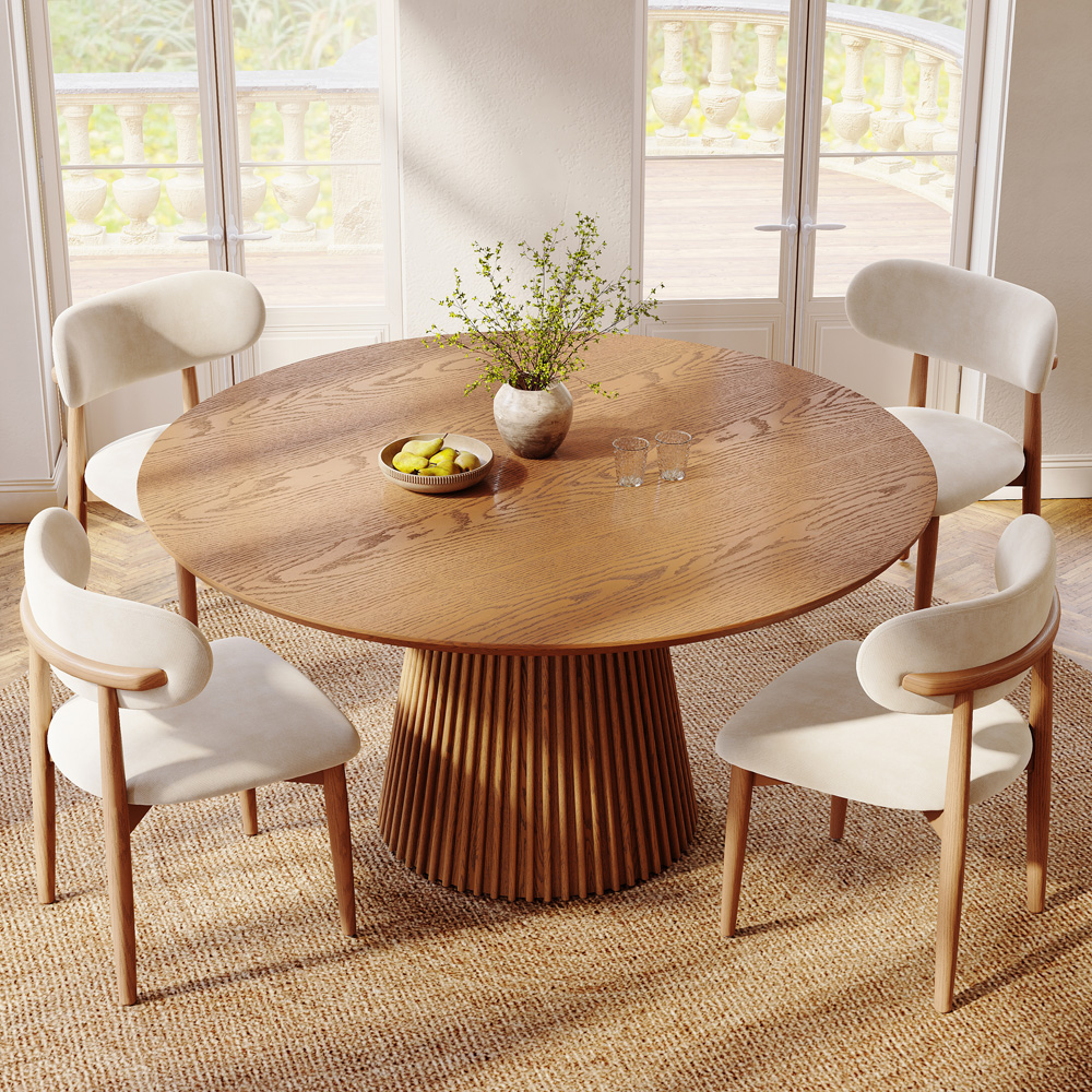 Mid-Century Modern 59" Round Walnut Wood Dining Table Set For 6