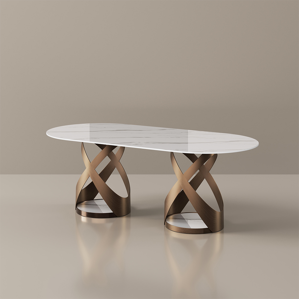 Modern Dining Table for 6, Scratch & Heat Resistant Glossy Sintered Stone Top with Sturdy X-Shaped Metal Base, Easy-to-Clean Kitchen Table for Daily Use
