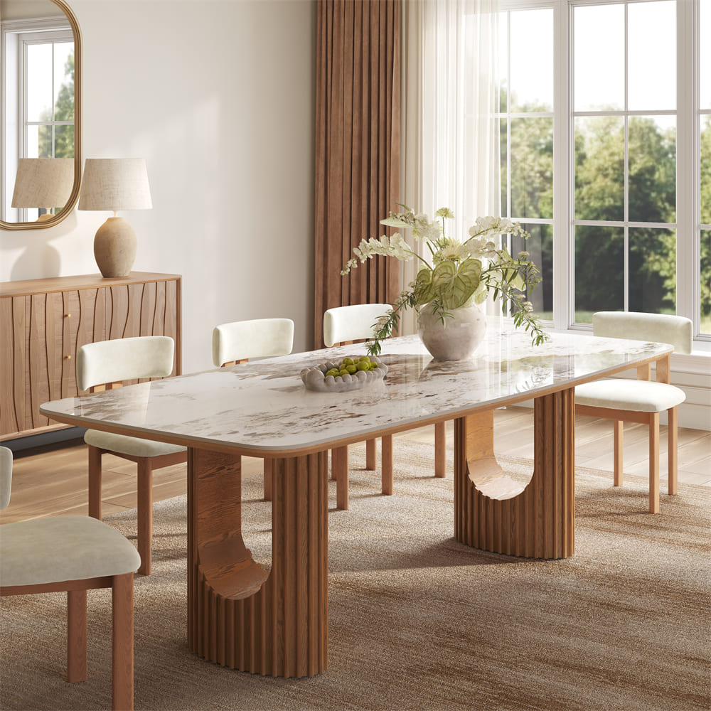 94" Mid-Century Modern Rectangular Dining Table Scratch-Resistant Pandora Glossy Sintered Stone Top & Walnut Fluted Pedestal Base