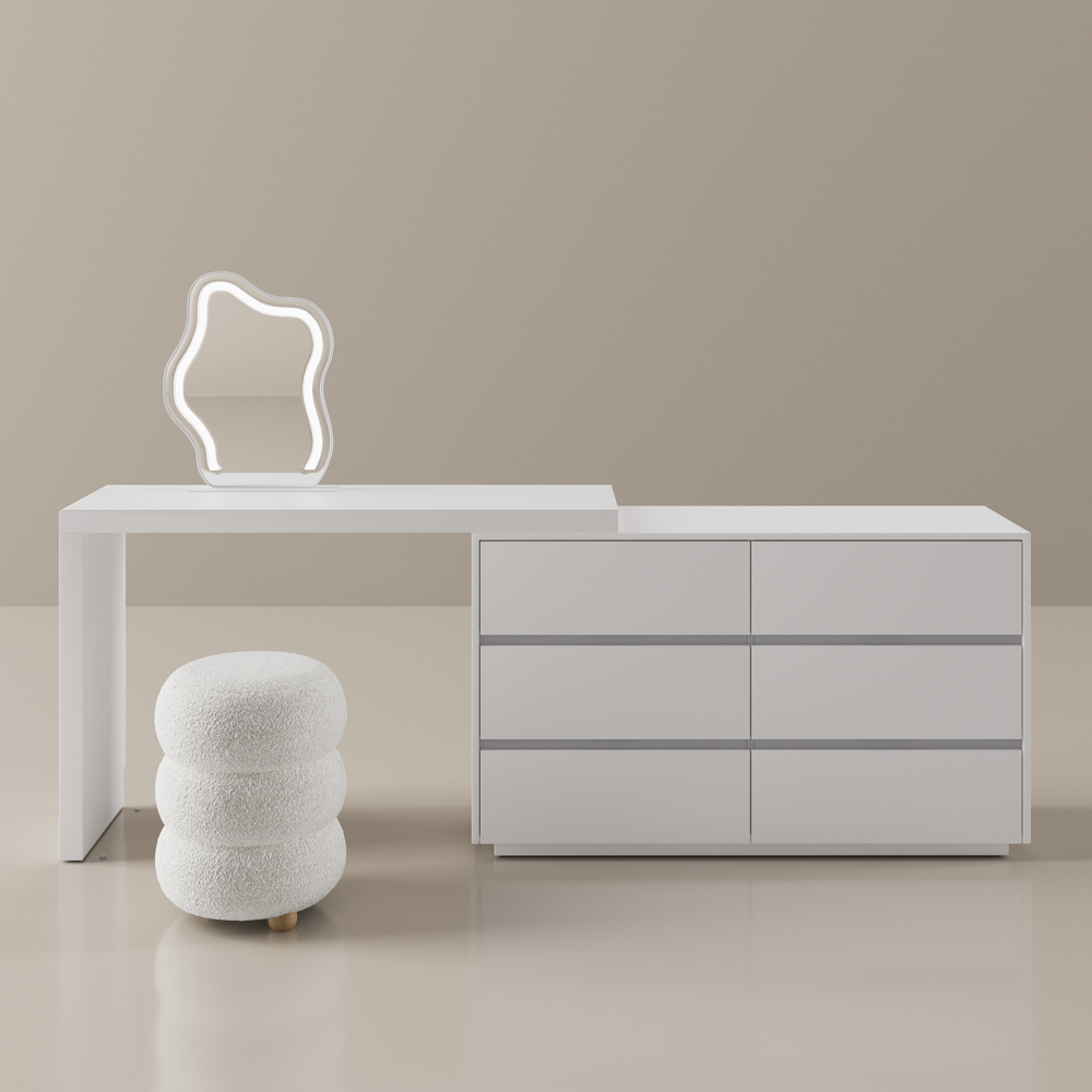 Modern Retractable Large Vanity Desk Set with LED Mirror and Stool, Corner Makeup Vanity Dressing Table for Bedroom, Assembled Shipment