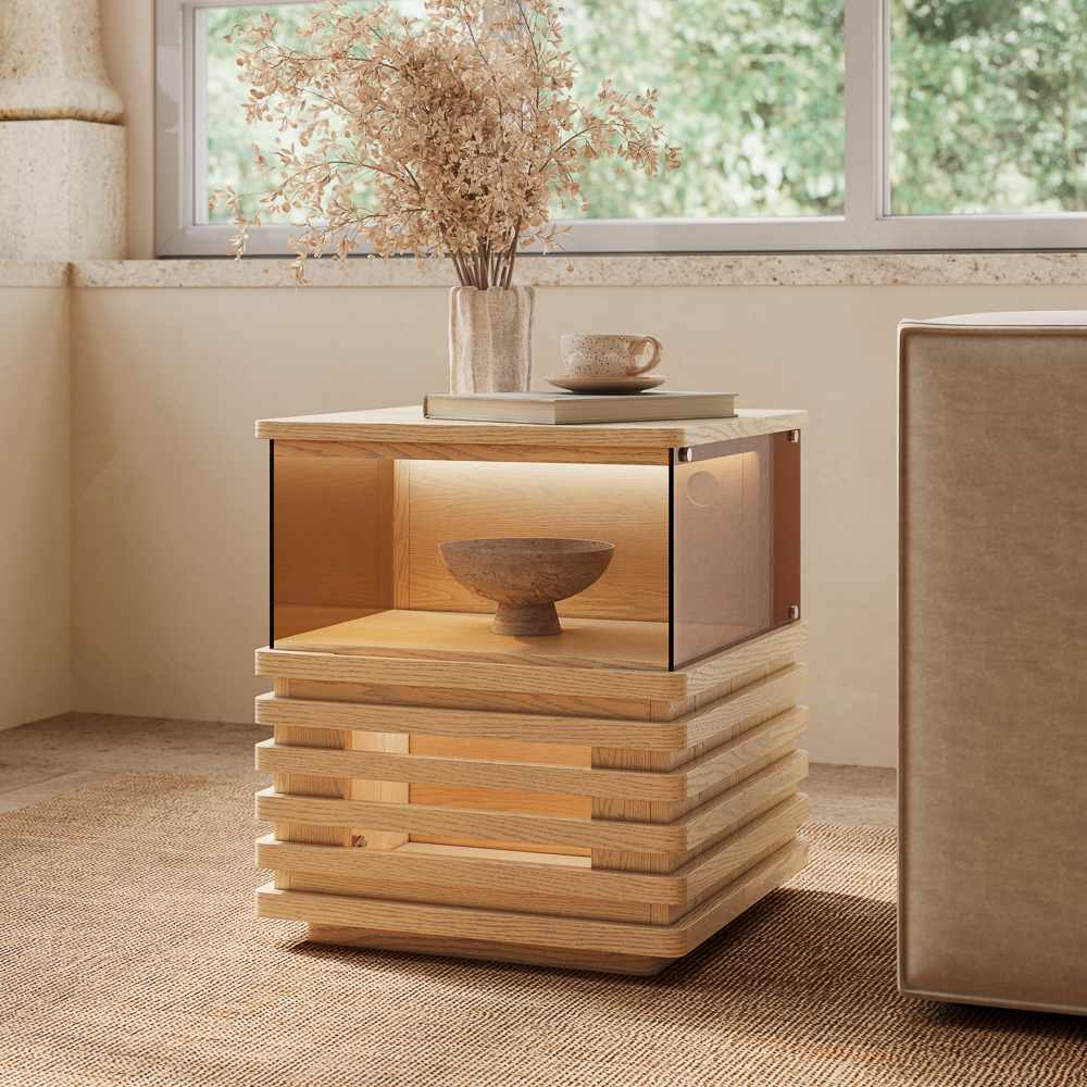 Selene-2 PCS 18" Oak Sofa Side Table with LED Lights, Modern Display Side Table, Storage Nightstand with Storage, Oak Side Table, Fully Assembled