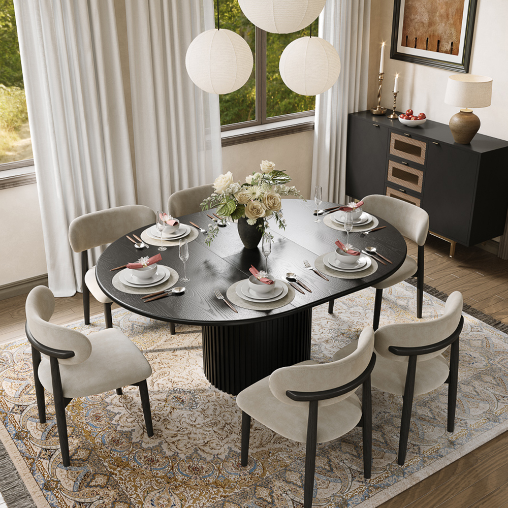 47"-63" Extendable Round Dining Table Set – Seats 6, Walnut MDF, Modern Style