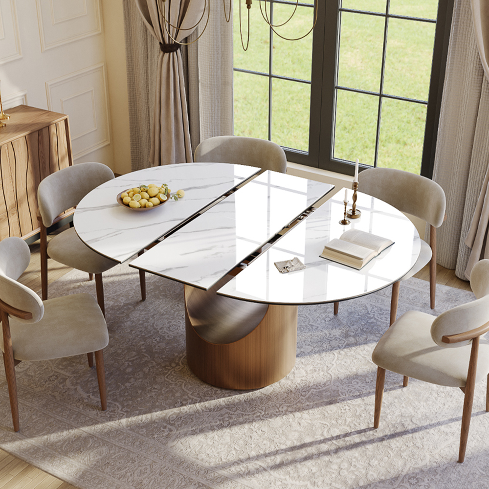 47"-63" Modern Extendable Dining Table,  Oval Dining Table for 4-6 Person, White Sintered Stone & Glass Table, Bronze Metal Base, Easy to Clean Kitchen Table