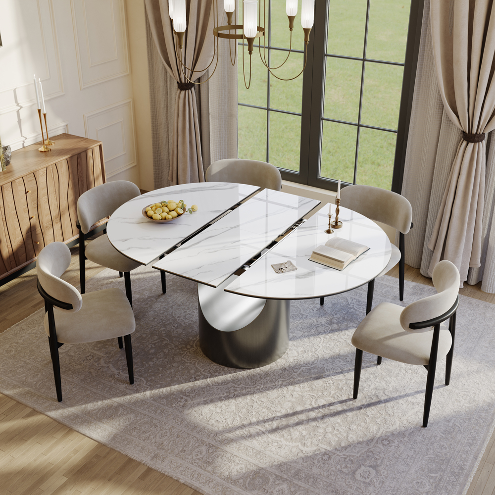 Hobart-Round Glossy Sintered Stone Extendable Dining Table