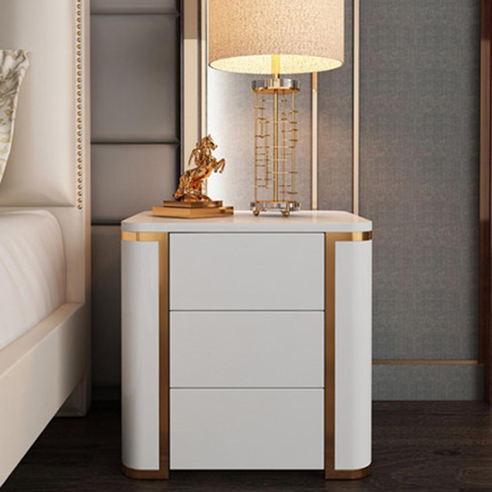 20" Bartolome White Bedroom Nightstand with 3 Storage Drawers, Wooden, Piano Finish, Gold Metal Legs