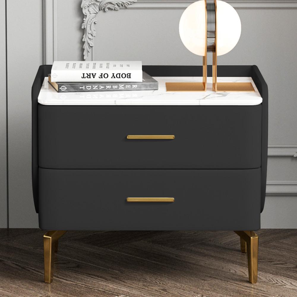 20.87-Inch Black Nightstand with 2 Drawers, Wood Bedside Table,Sintered Stone Ta...