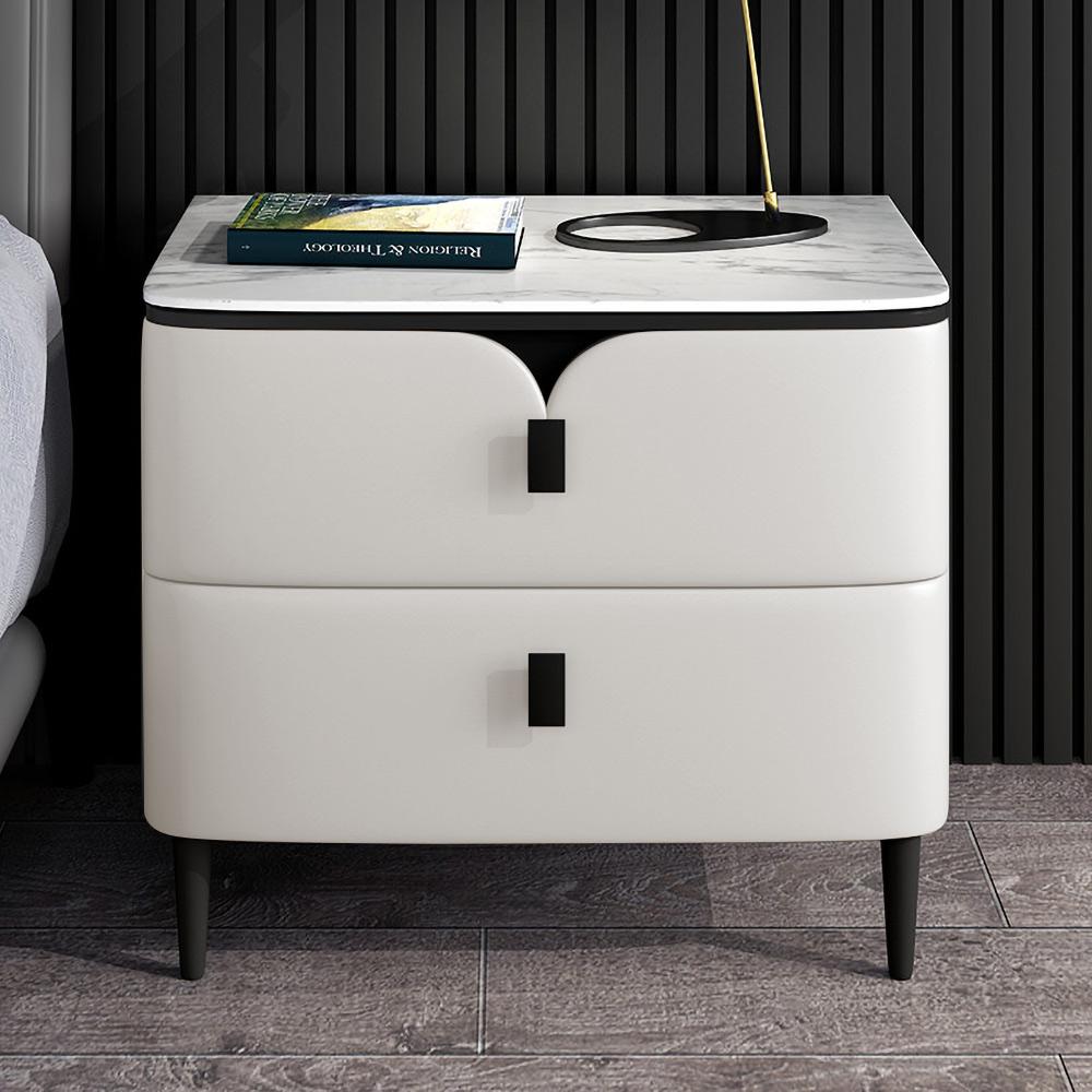 19" Elena Modern Sintered Stone-topped White Nightstand, PU Leather, Stainless Steel Legs