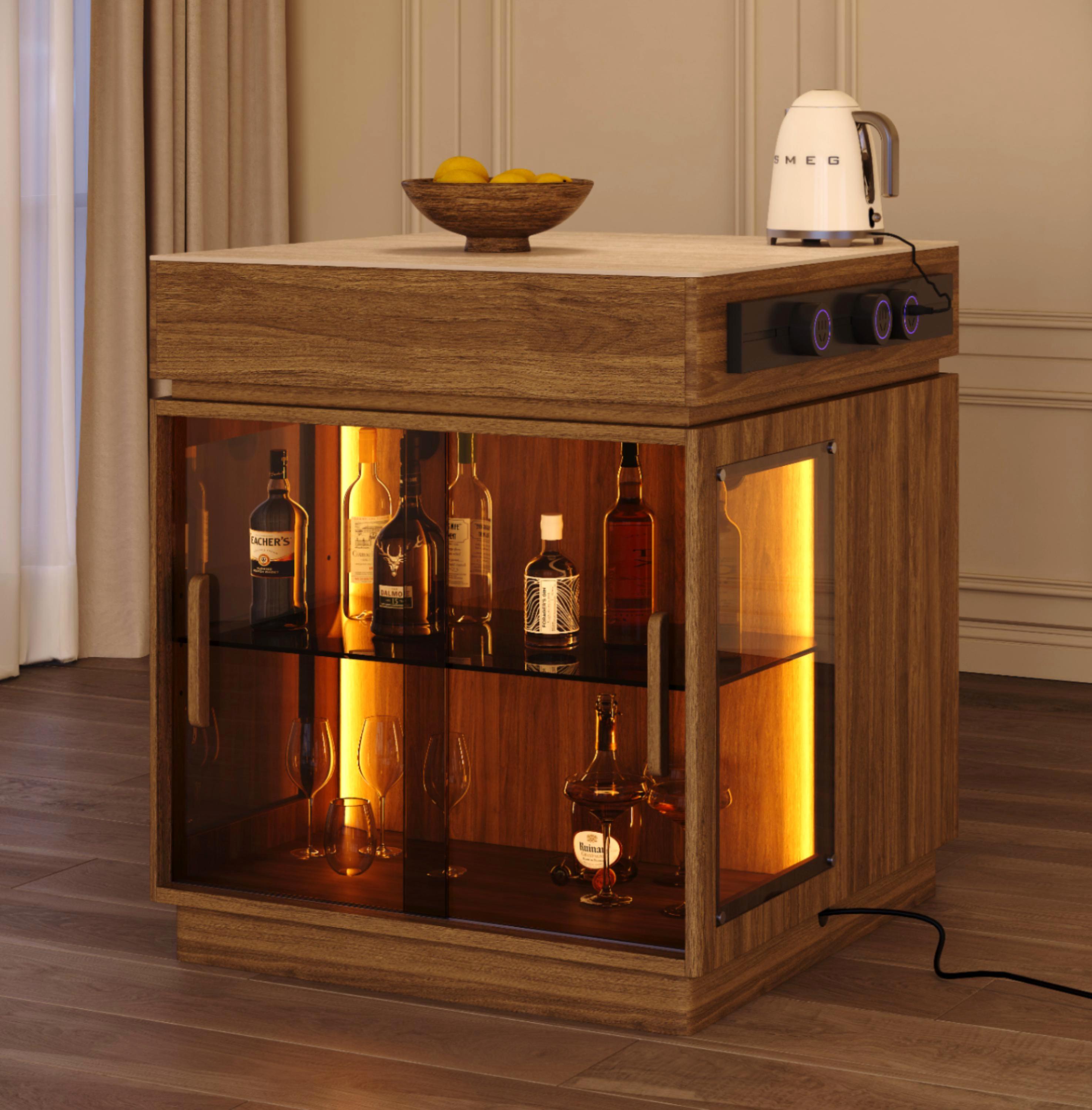 31.5'' Kitchen Island with Matte Travertine Sintered Stone Top & Adjustable LED Lights