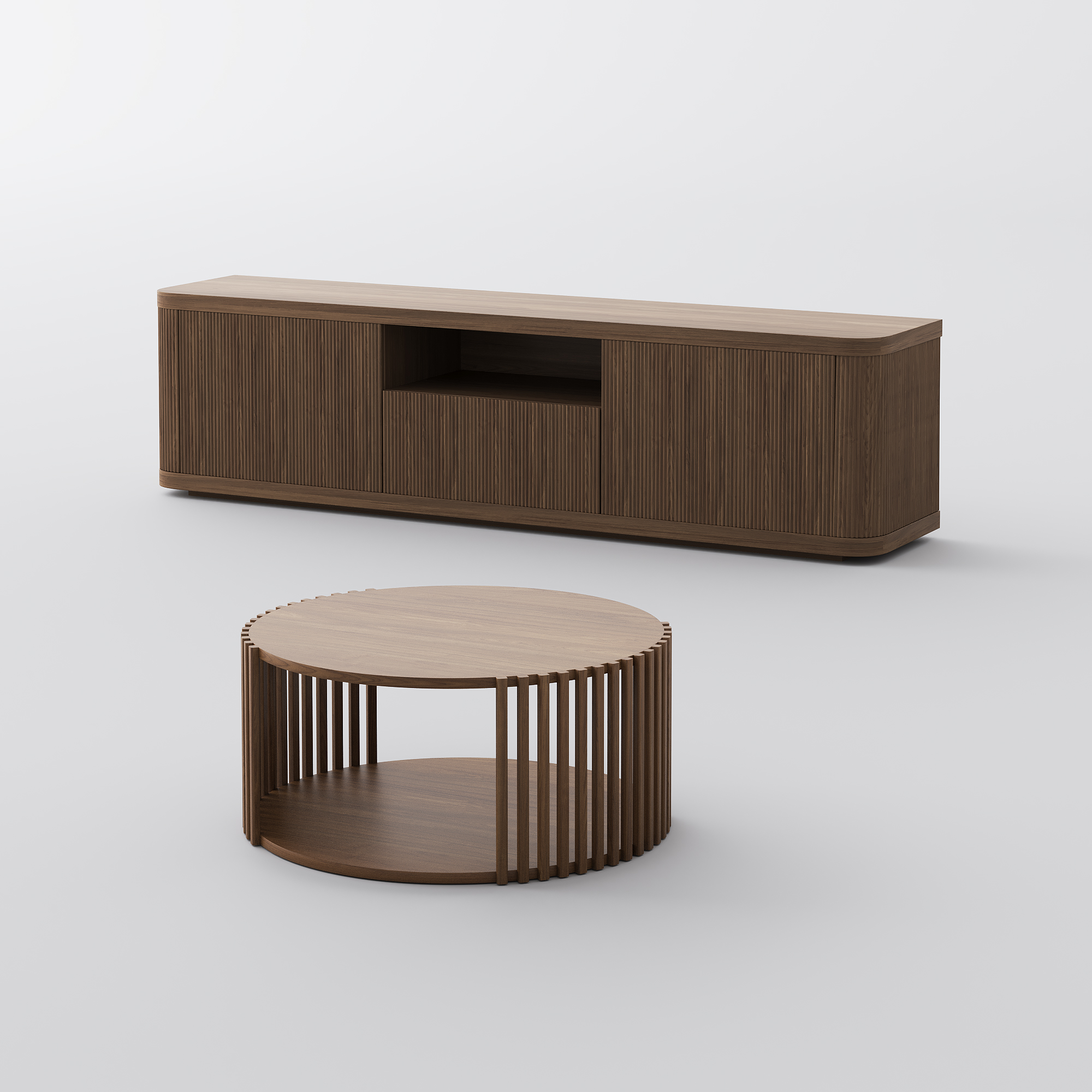 Mid-Century Modern Slatted TV Stand with Coffee Table | Povison