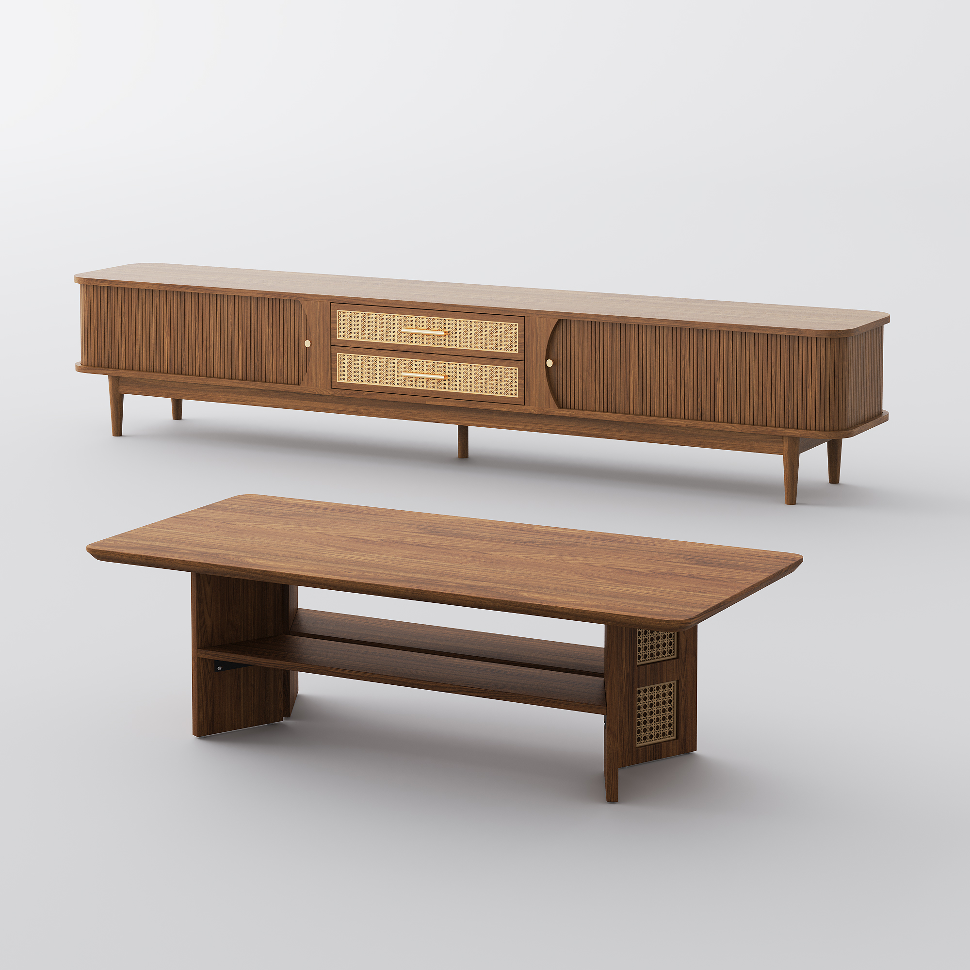 Mid-Century Modern Living Room Sets, Rattan TV Stand with Coffee Table, Walnut Color, Fully-Assembled