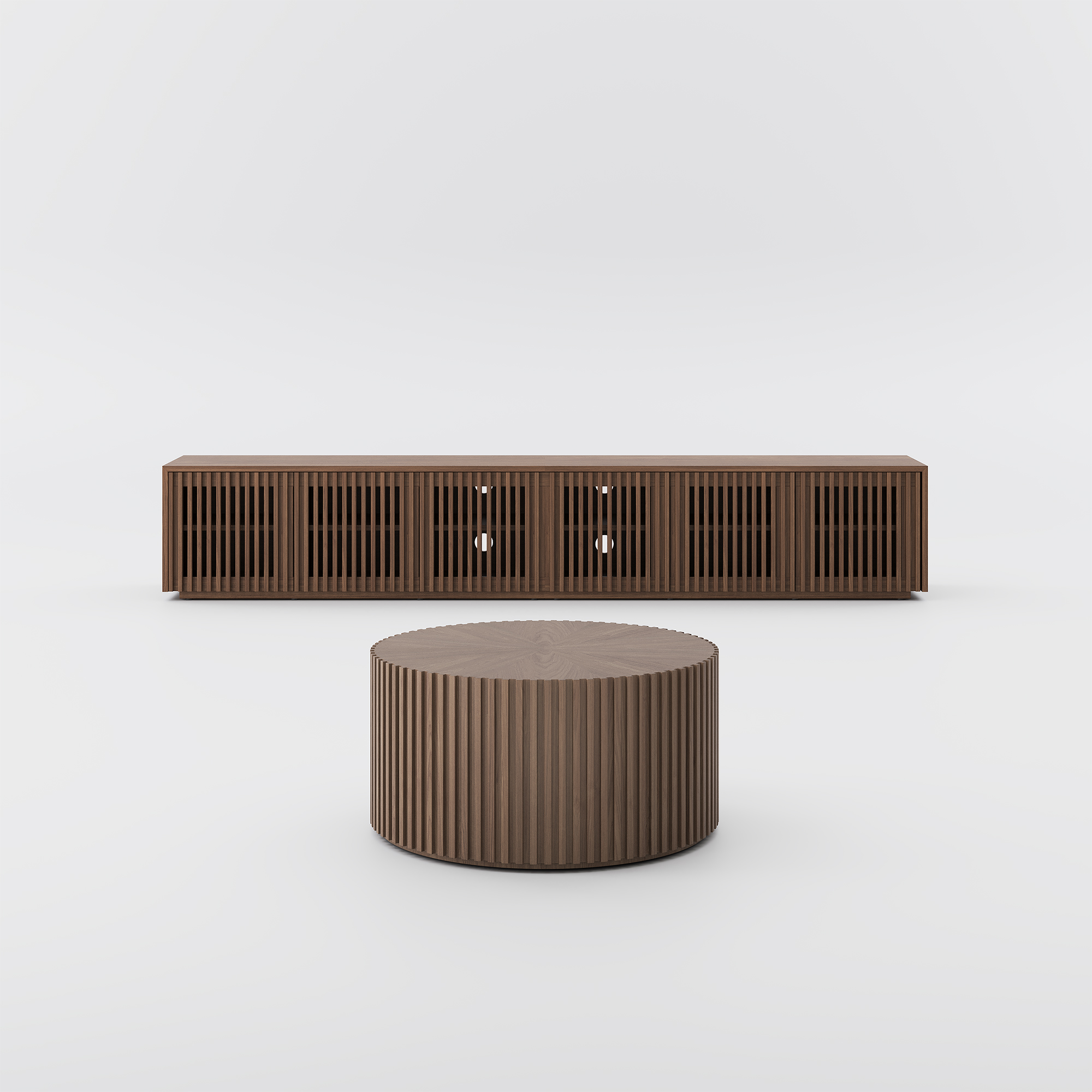 Modern Slatted TV Stand with Coffee Table, Mid-Century Solid Wood Living Room Set, plywood, 118.1" TV Console + 39.4" Coffee Table