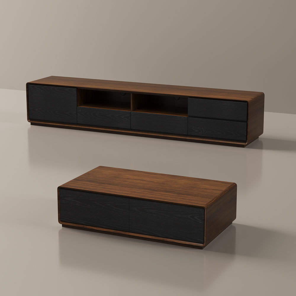 Mid-Century TV Stand with Coffee Table, Modern Wood Living Room Sets with Drawer, Cabinets, Storage
