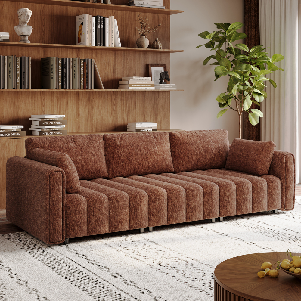 Retro Hand-Tufted Brown Chenille Sofa
