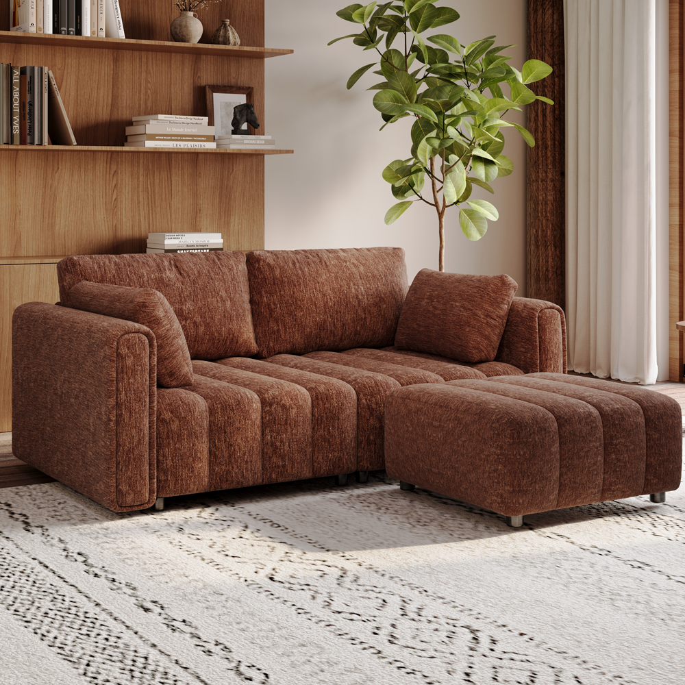 Retro Hand-Tufted Brown Chenille Sofa with Ottoman