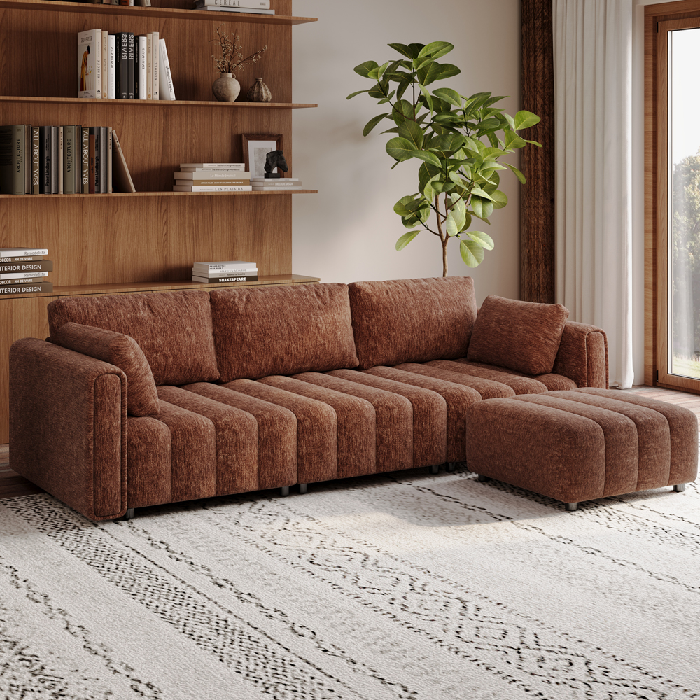 Retro Hand-Tufted Brown Chenille Sofa with Ottoman