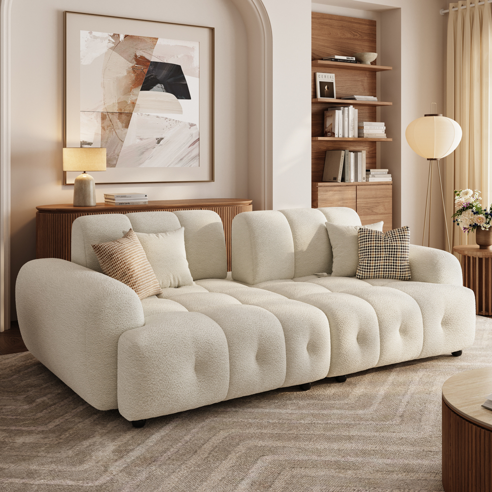 98 Inch Modern Cream Sofa Cloud Sofa Bed with Chenille, Cozy Loveseats Couch wit...