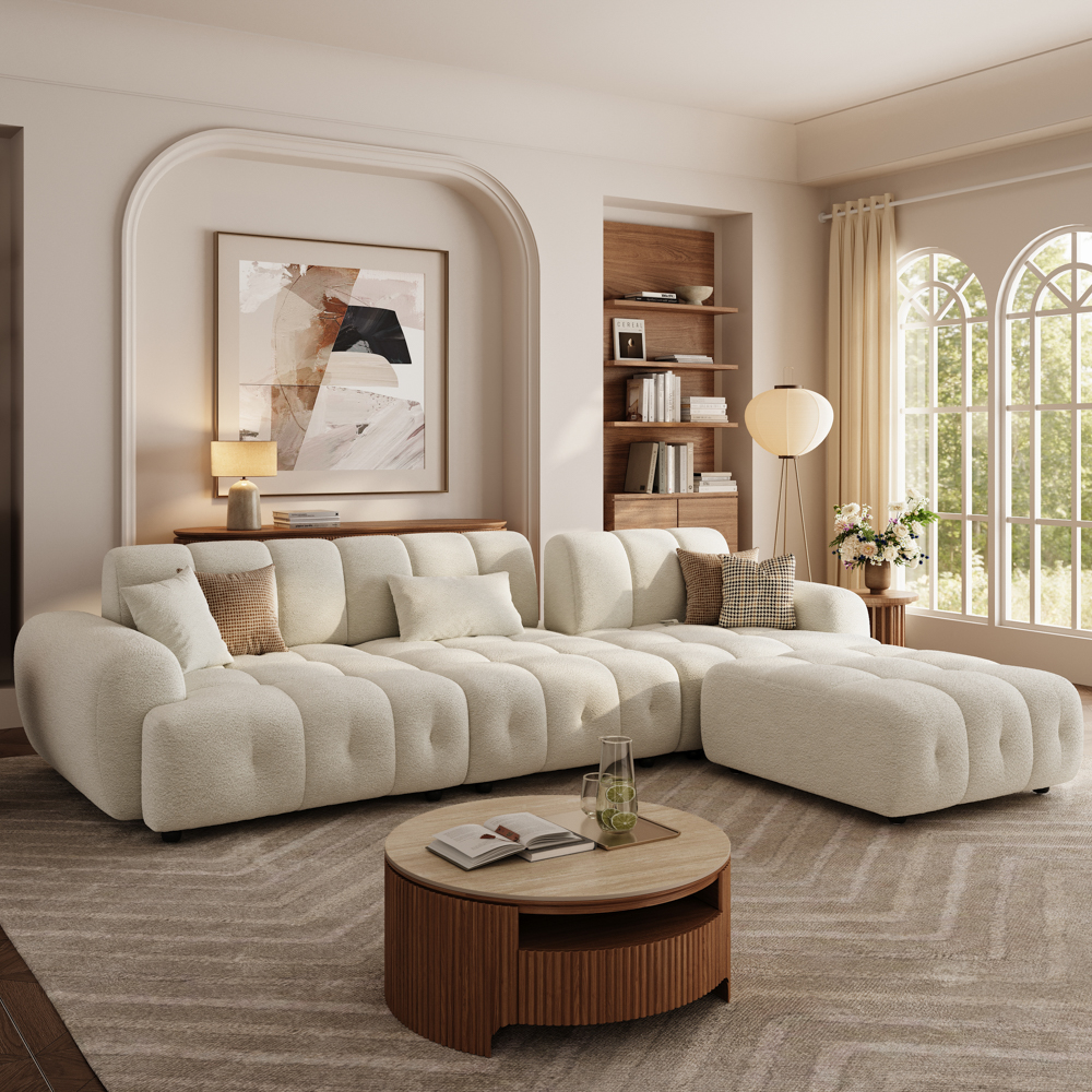135 Inch Modern Cream Large Sofa with Ottoman Cloud Sofa Bed with Chenille, Cozy...