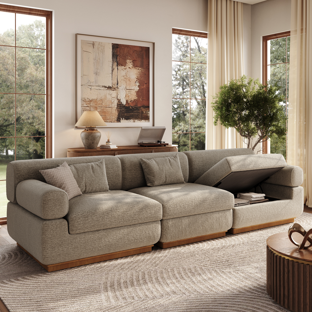 118 Inch Storage Modular Sectional Sofa with Block Arms,Mid Century Modern Khaki...