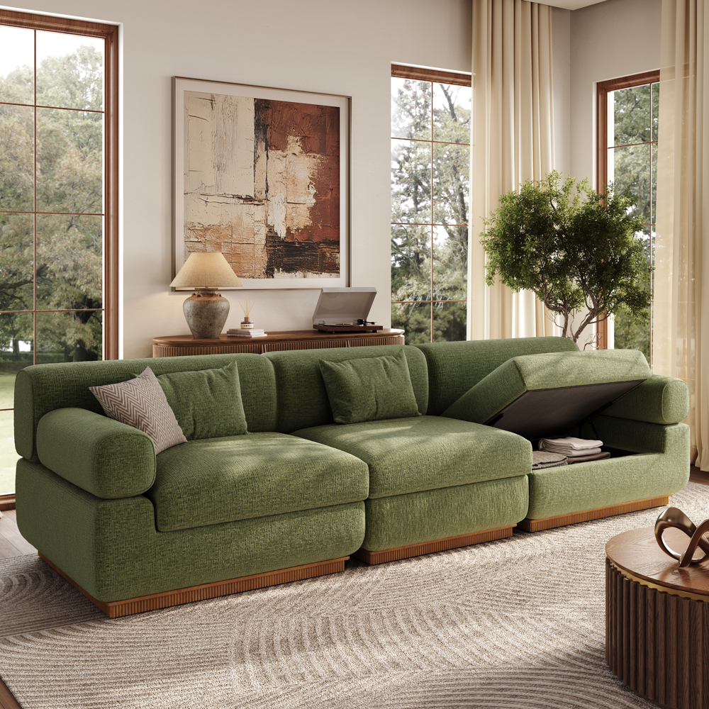 118 Inch Storage Modular Sectional Sofa with Block Arms,Mid Century Modern Green...