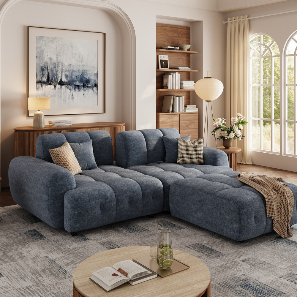 98 Inch Modern Blue Sofa with Ottoman Cloud Sofa Bed with Chenille, Cozy Lovesea...