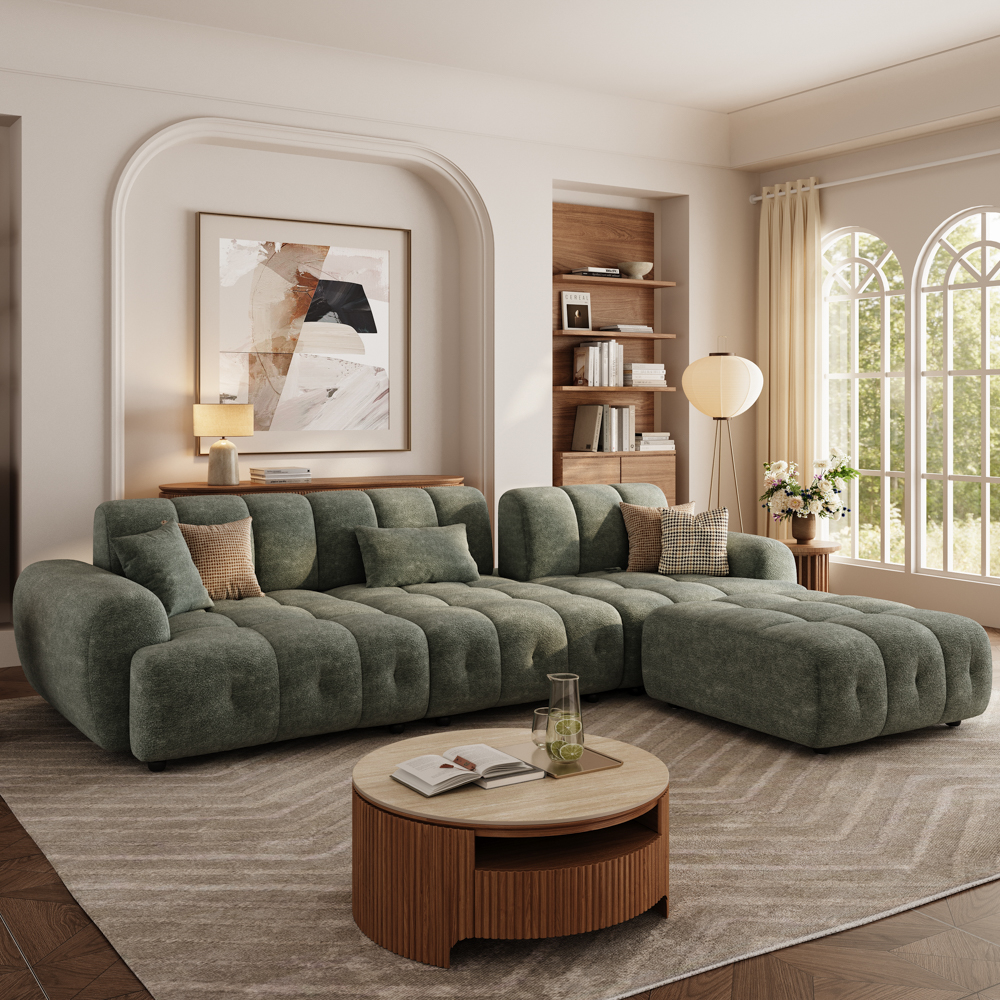 135 Inch Modern Green Large Sofa with Ottoman Cloud Sofa Bed with Chenille, Cozy...