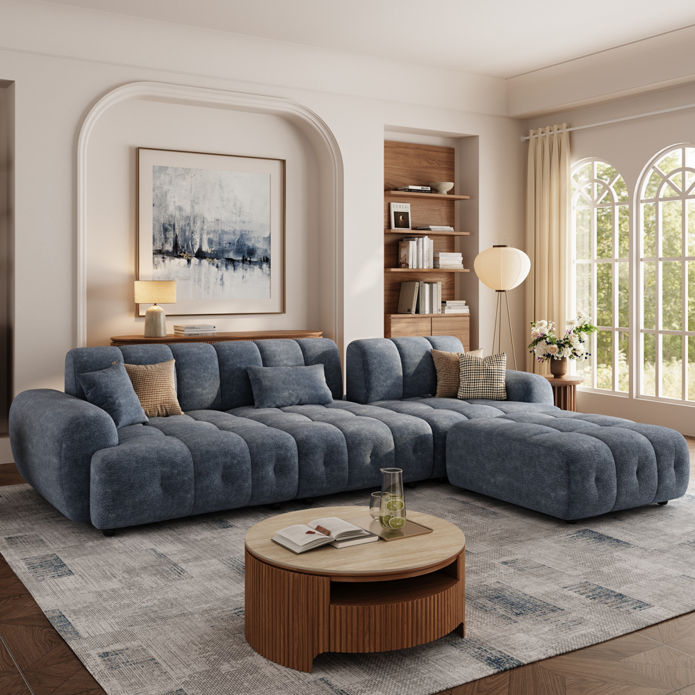 135 Inch Modern Blue Large Sofa with Ottoman Cloud Sofa Bed with Chenille, Cozy ...