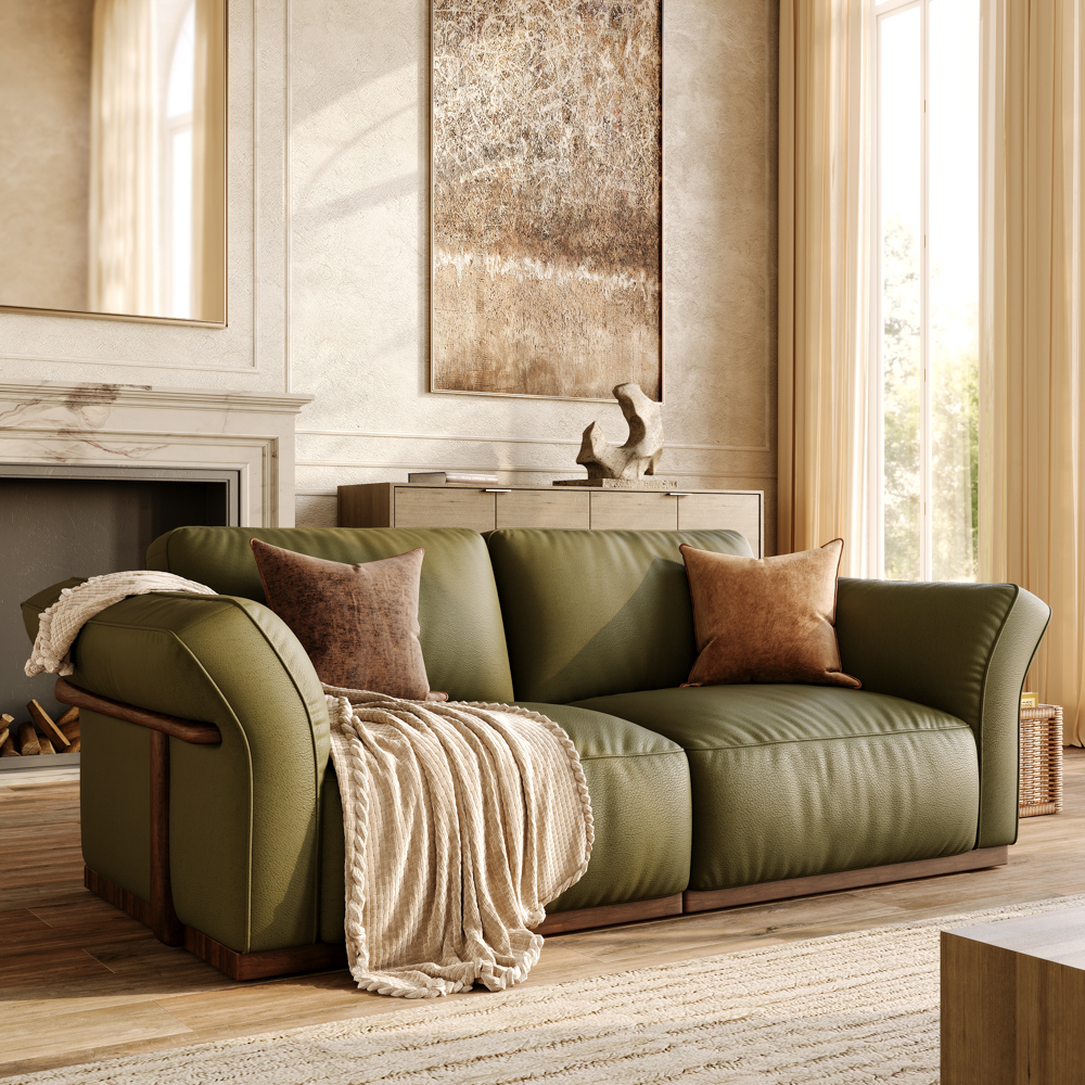 Green Genuine Leather Modular Sofa with Soild Wood Frame