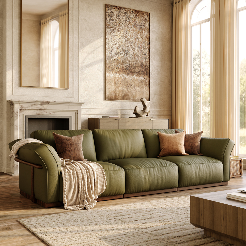 Green Genuine Leather Three-Piece Cushion Modular Sofa with Solid Wood Frame