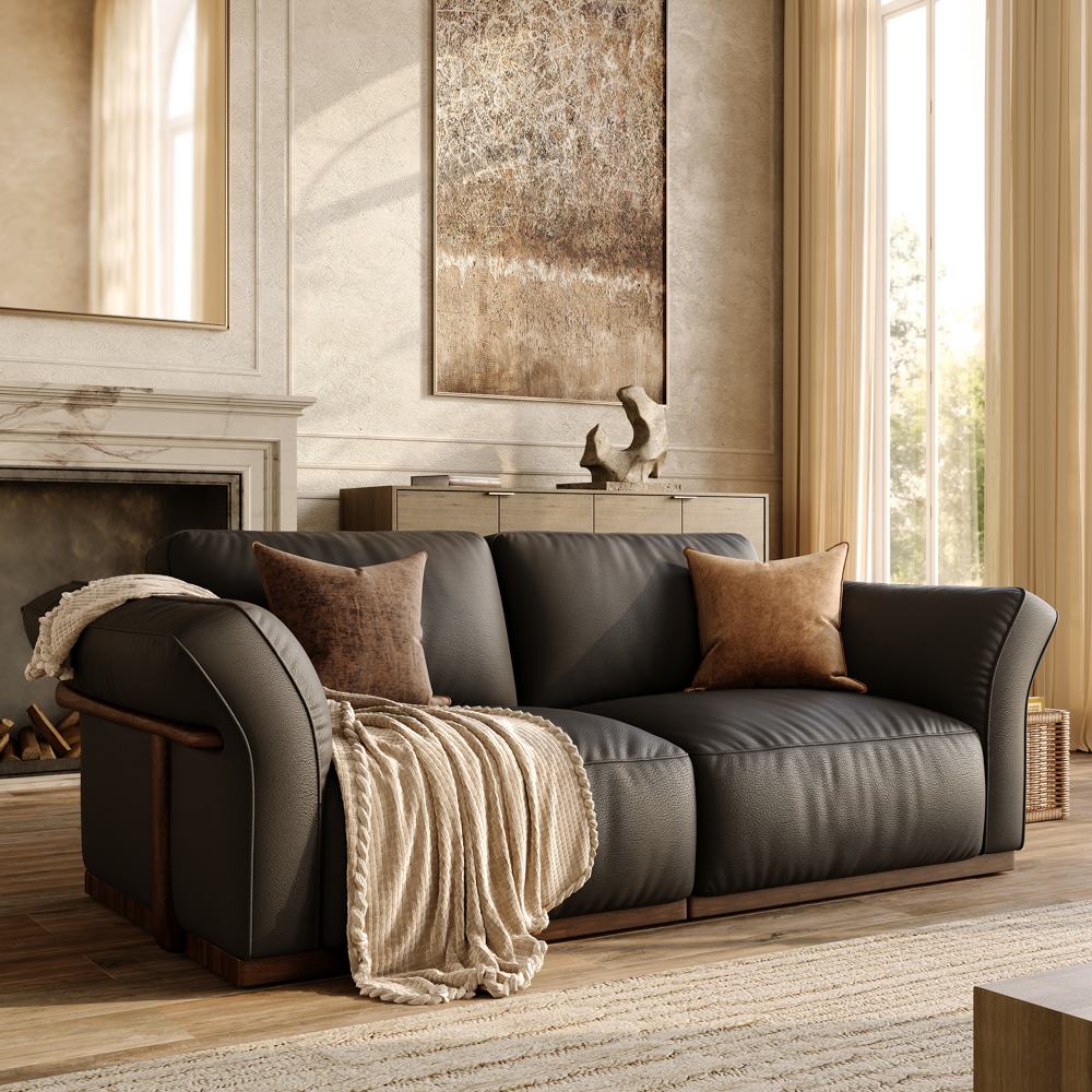 Black Genuine Leather Modular Sofa with Solid Wood Frame