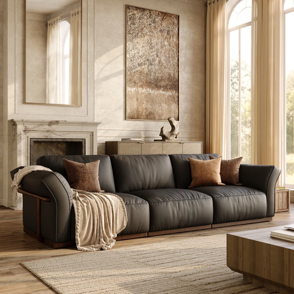 Black Genuine Leather Three-Piece Cushion Modular Sofa with Soild Wood Frame