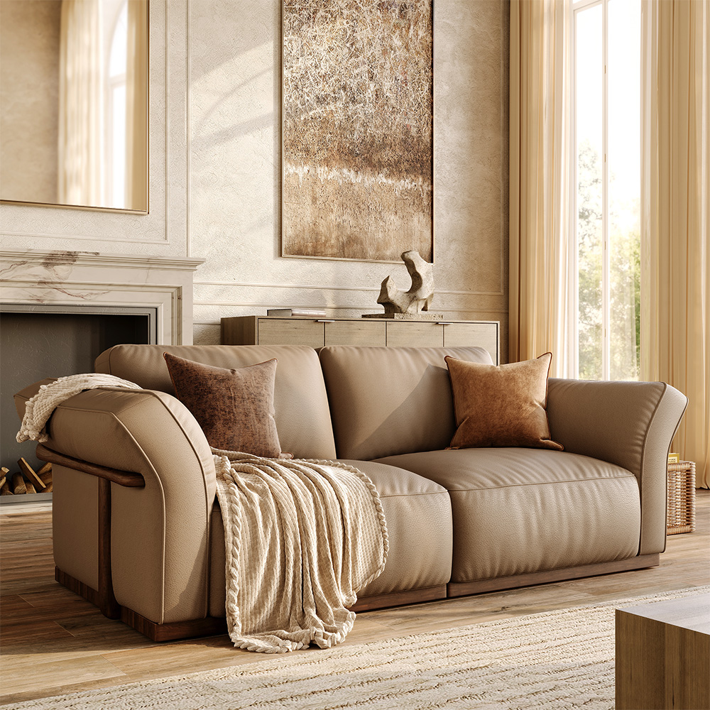 Khaki Genuine Leather Modular Sofa with Soild Wood Frame