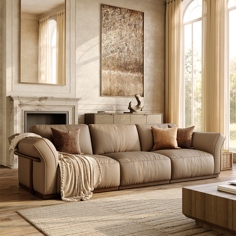 Cronus-Khaki Genuine Leather Three-Piece Cushion Modular Sofa with Solid Wood Frame