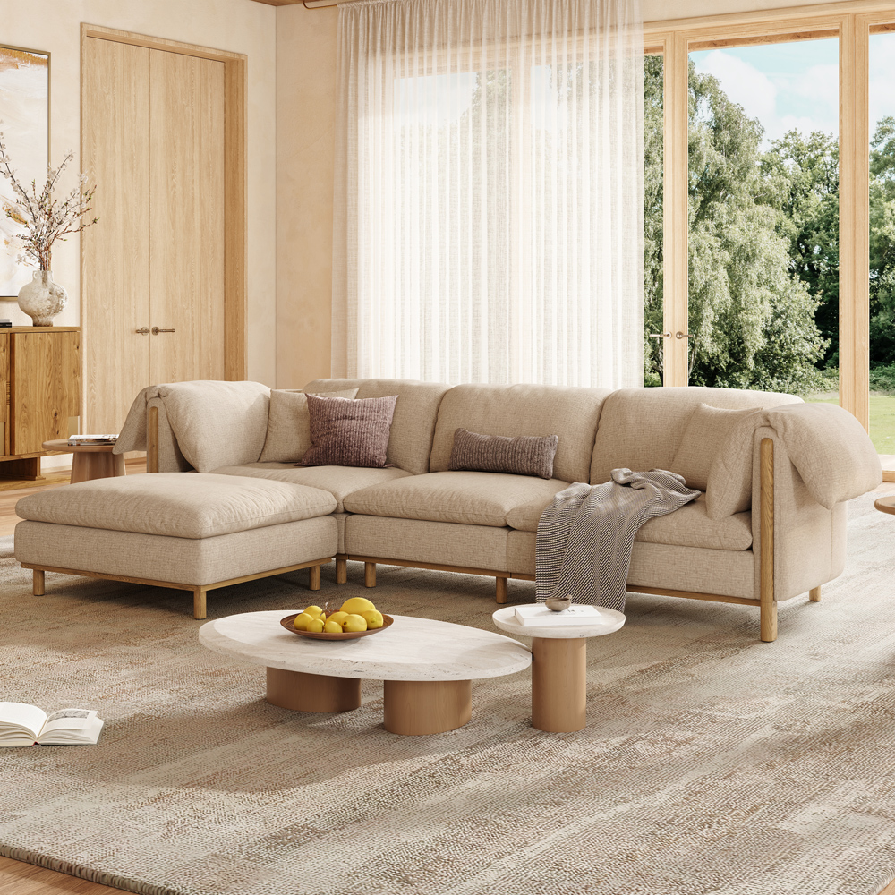 130.5inch Removable Cushions Sofa in Water-Resistant Cotton-Linen with Solid Wood Legs and Ottoman