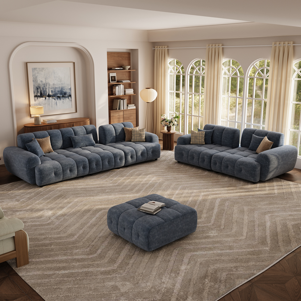 2-3 Seater Blue Chenille Sofa Waterproof Modular Couch with Ottoman with Adjustable Cushion