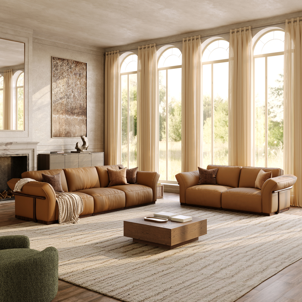 2+3 Seater Brown Genuine Leather Sofa Set with Solid Wood Frame & Comfortable Seating